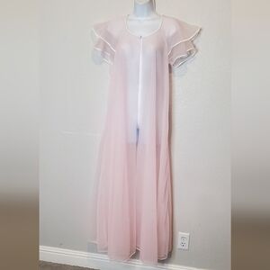 Vintage 60s Val Mode Pink Chiffon Sheer Flutter Sleeve Sweeping Robe Size Small